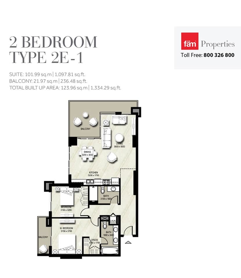 Warda Apartments 1A, 2-Bed Floor Plan, type: Type 2E-1