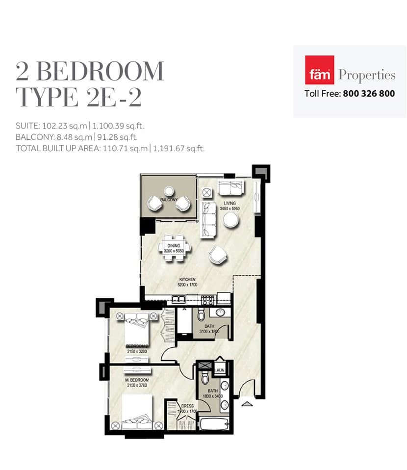 Warda Apartments 1A, 2-Bed Floor Plan, type: Type 2E-2