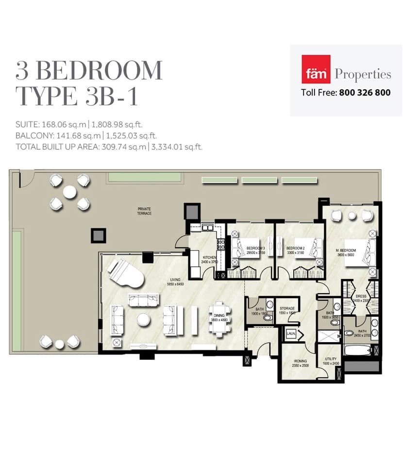 Warda Apartments 1A, 3-Bed Floor Plan, type: Type 3B-1