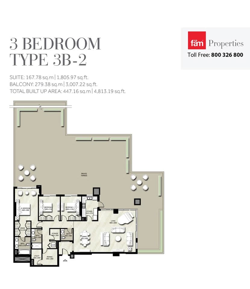Warda Apartments 1A, 3-Bed Floor Plan, type: Type 3B-2