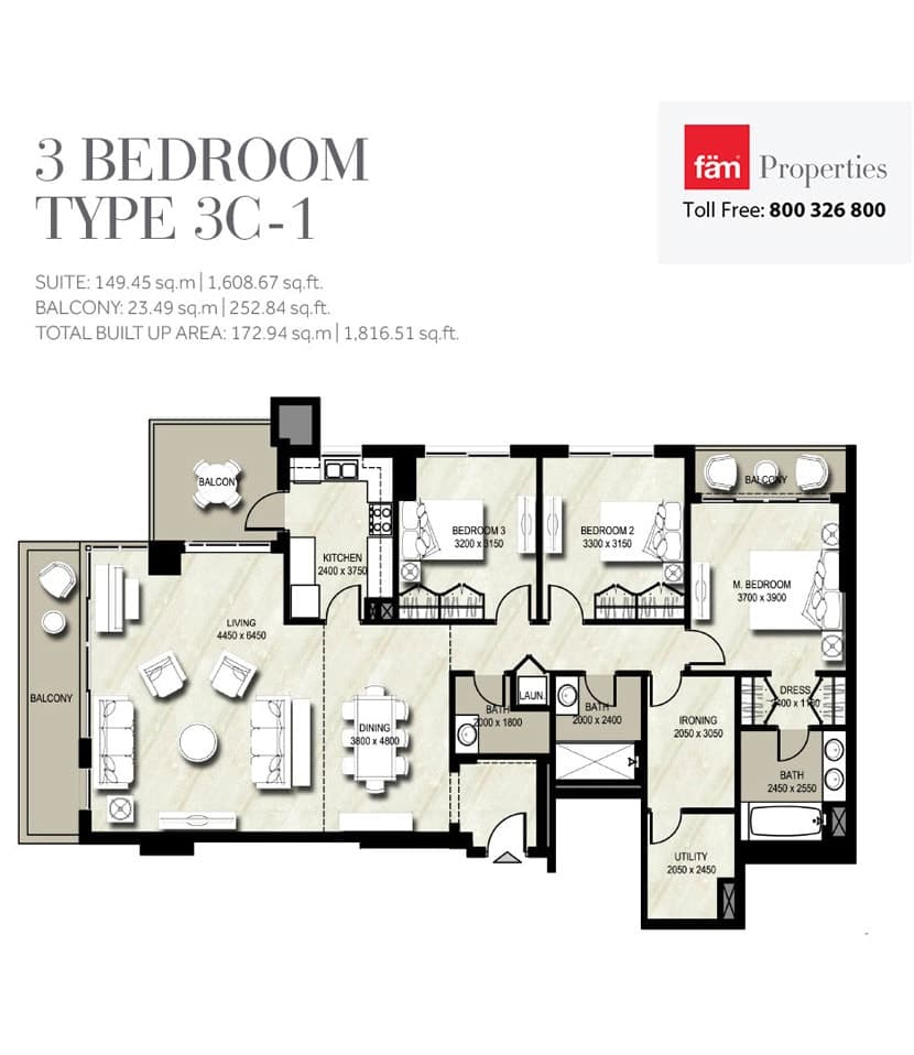 Warda Apartments 1A, 3-Bed Floor Plan, type: Type 3C-1