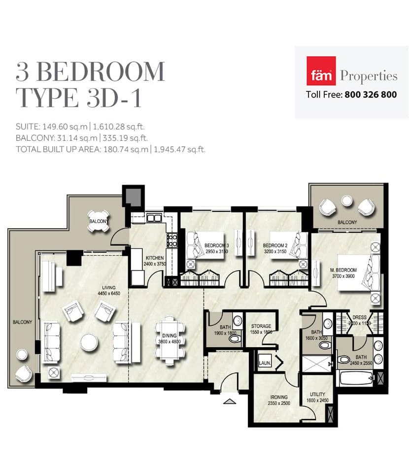 Warda Apartments 1A, 3-Bed Floor Plan, type: Type 3D-1