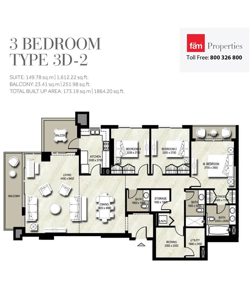 Warda Apartments 1A, 3-Bed Floor Plan, type: Type 3D-2