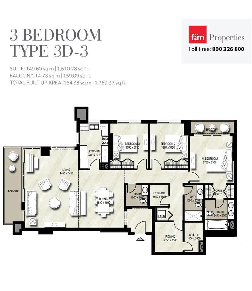 Warda Apartments 1A, 3-Bed Floor Plan, type: Type 3D-3