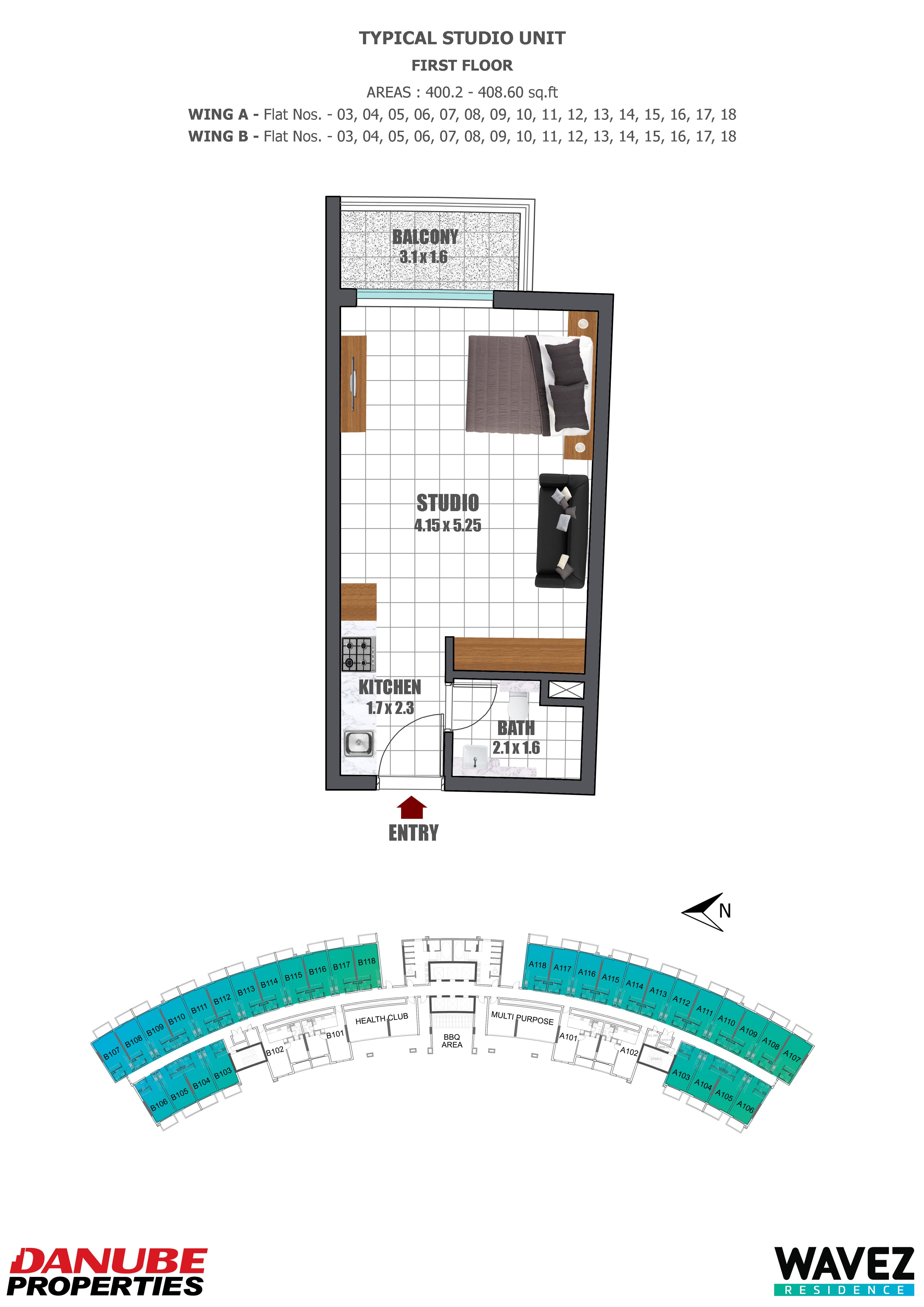 Wavez Residence, 0-Bed Floor Plan, type: Studio