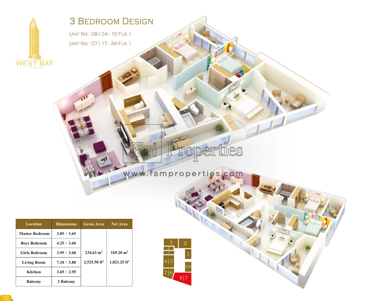 West Bay Tower, 3-Bed Floor Plan, type: 3 Bedroom