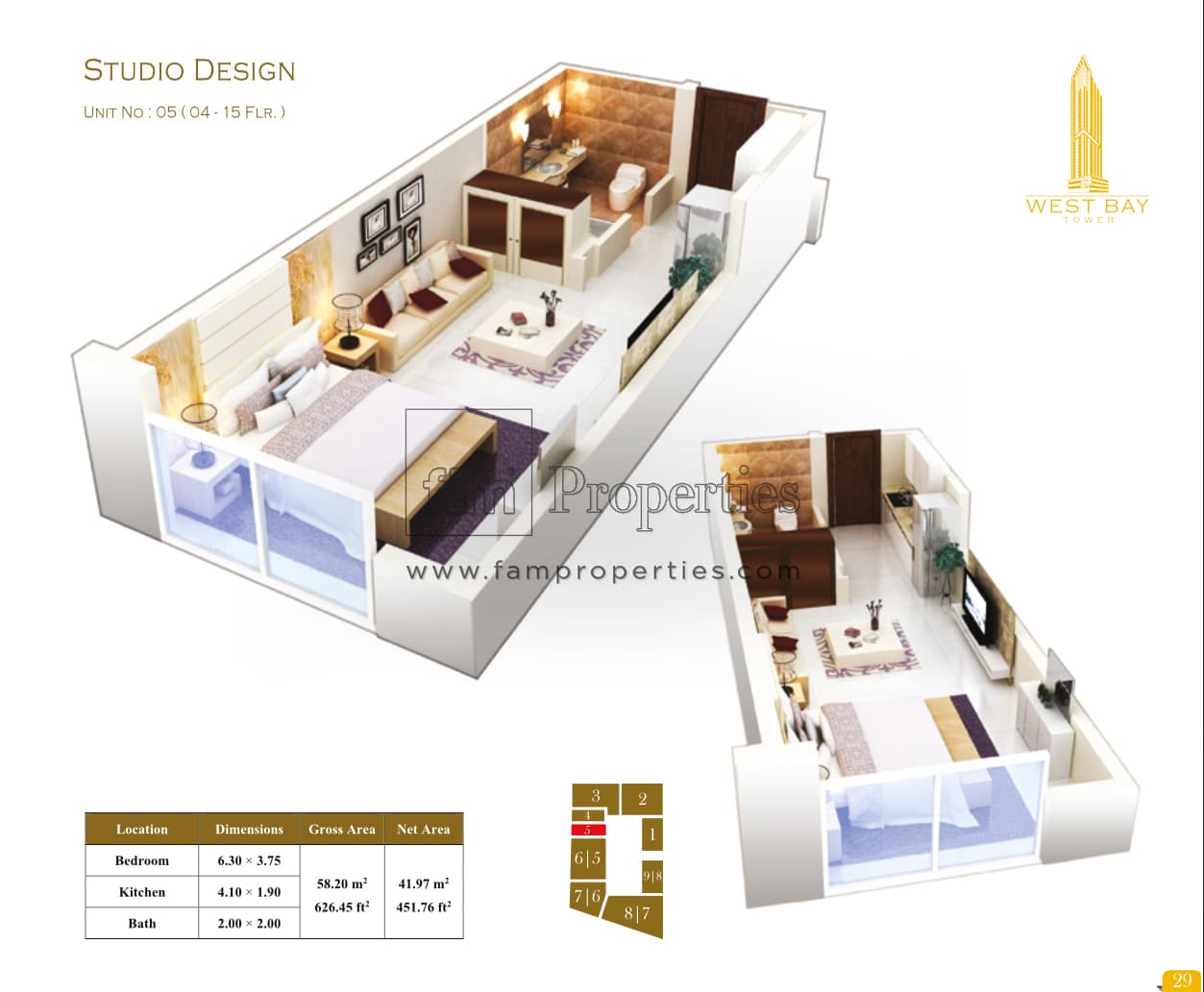 West Bay Tower, 0-Bed Floor Plan, type: Studio