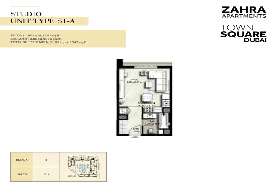 Zahra Apartments I, 0-Bed Floor Plan, type: STUDIO UNIT TYPE ST-A