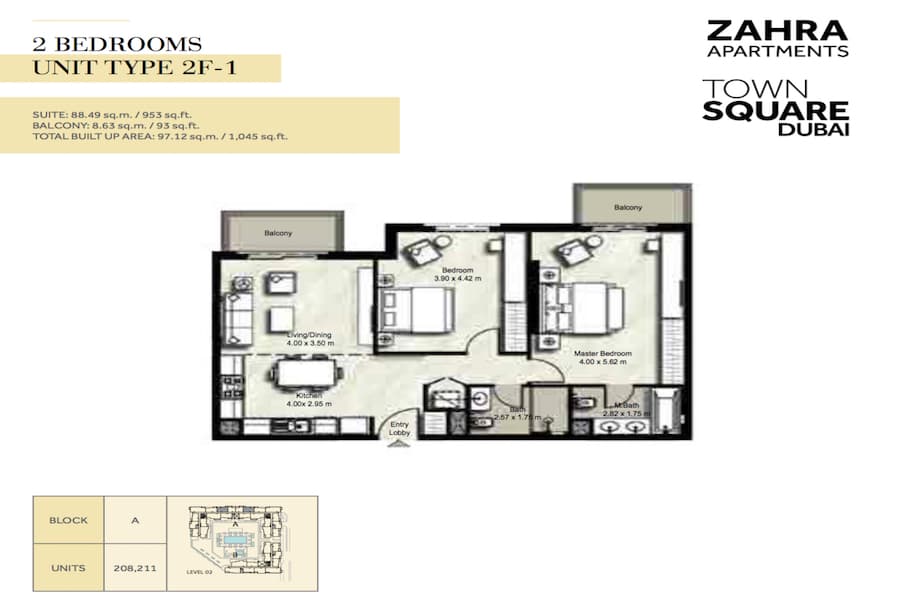 Zahra Apartments I, 2-Bed Floor Plan, type: 2 BEDROOM UNIT TYPE 2F-1