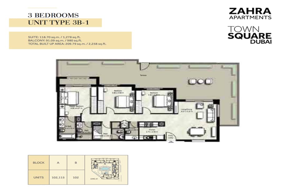 Zahra Apartments I, 3-Bed Floor Plan, type: 3 BEDROOM UNIT TYPE 3B-1
