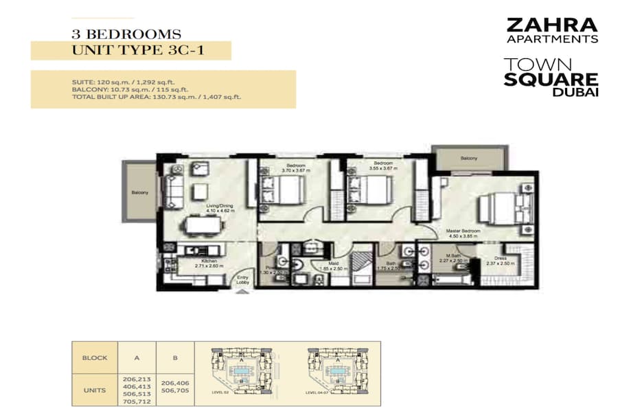 Zahra Apartments I, 3-Bed Floor Plan, type: 3 BEDROOM UNIT TYPE 3C-1