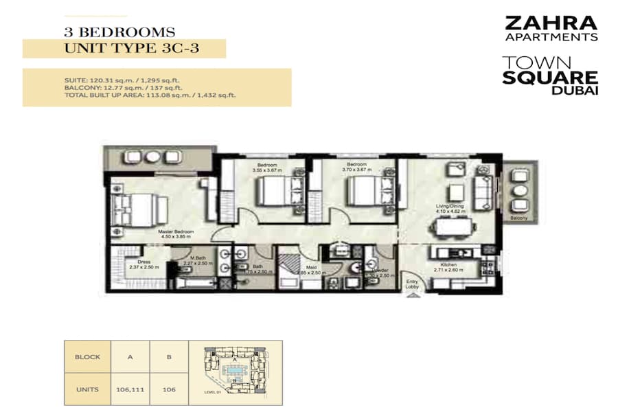 Zahra Apartments I, 3-Bed Floor Plan, type: 3 BEDROOM UNIT TYPE 3C-3