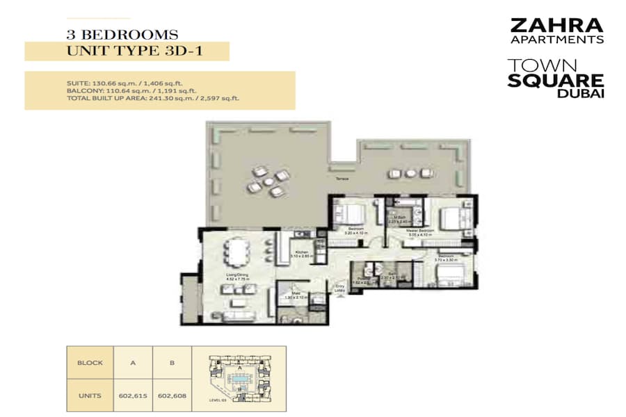 Zahra Apartments I, 3-Bed Floor Plan, type: 3 BEDROOM UNIT TYPE 3D-1
