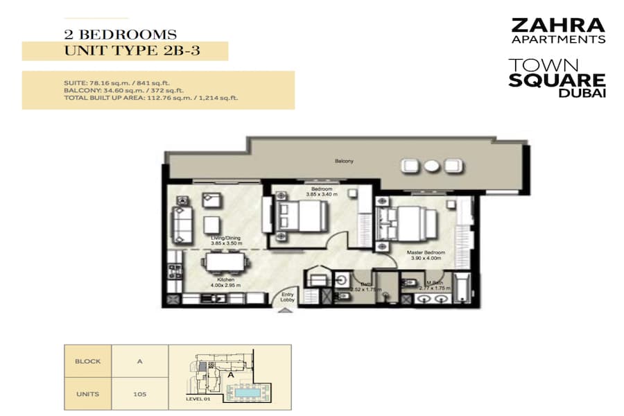 Zahra Apartments II, 2-Bed Floor Plan, type: 2 BEDROOM UNIT TYPE 2B-3