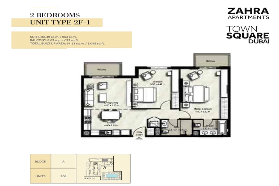 Zahra Apartments II, 2-Bed Floor Plan, type: 2 BEDROOM UNIT TYPE 2F-1