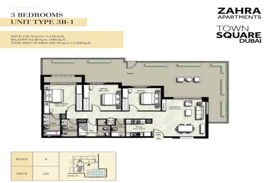 Zahra Apartments II, 3-Bed Floor Plan, type: 3 BEDROOM UNIT TYPE 3B-1