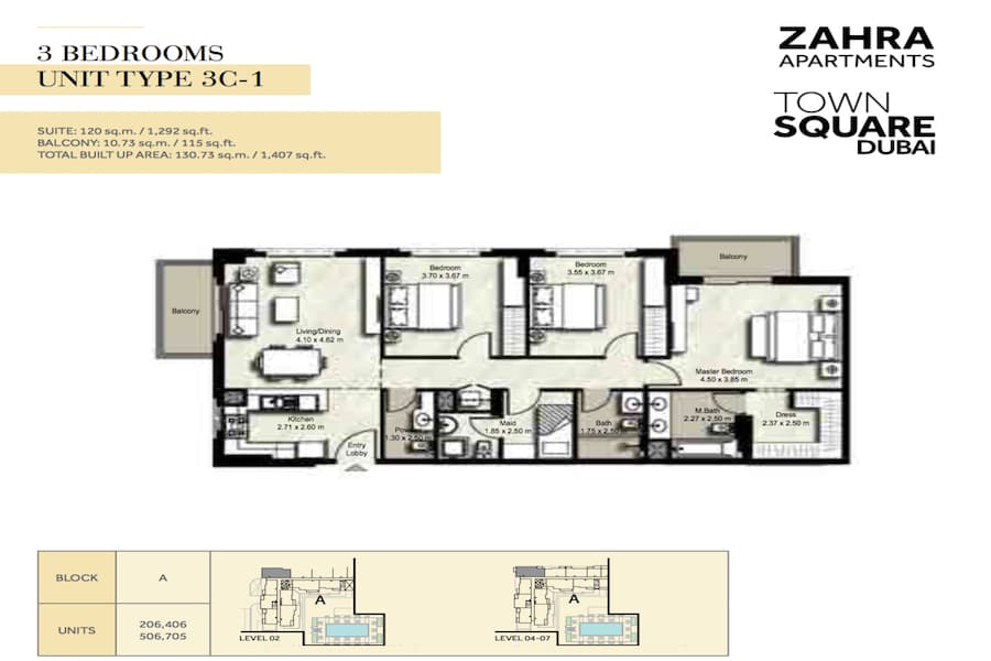 Zahra Apartments II, 3-Bed Floor Plan, type: 3 BEDROOM UNIT TYPE 3C-1