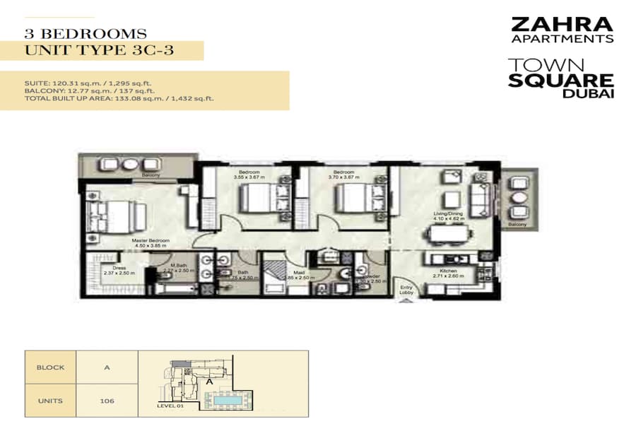 Zahra Apartments II, 3-Bed Floor Plan, type: 3 BEDROOM UNIT TYPE 3C-3