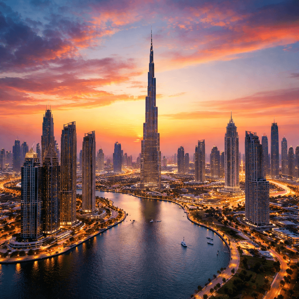 The Dubai skyline at dusk