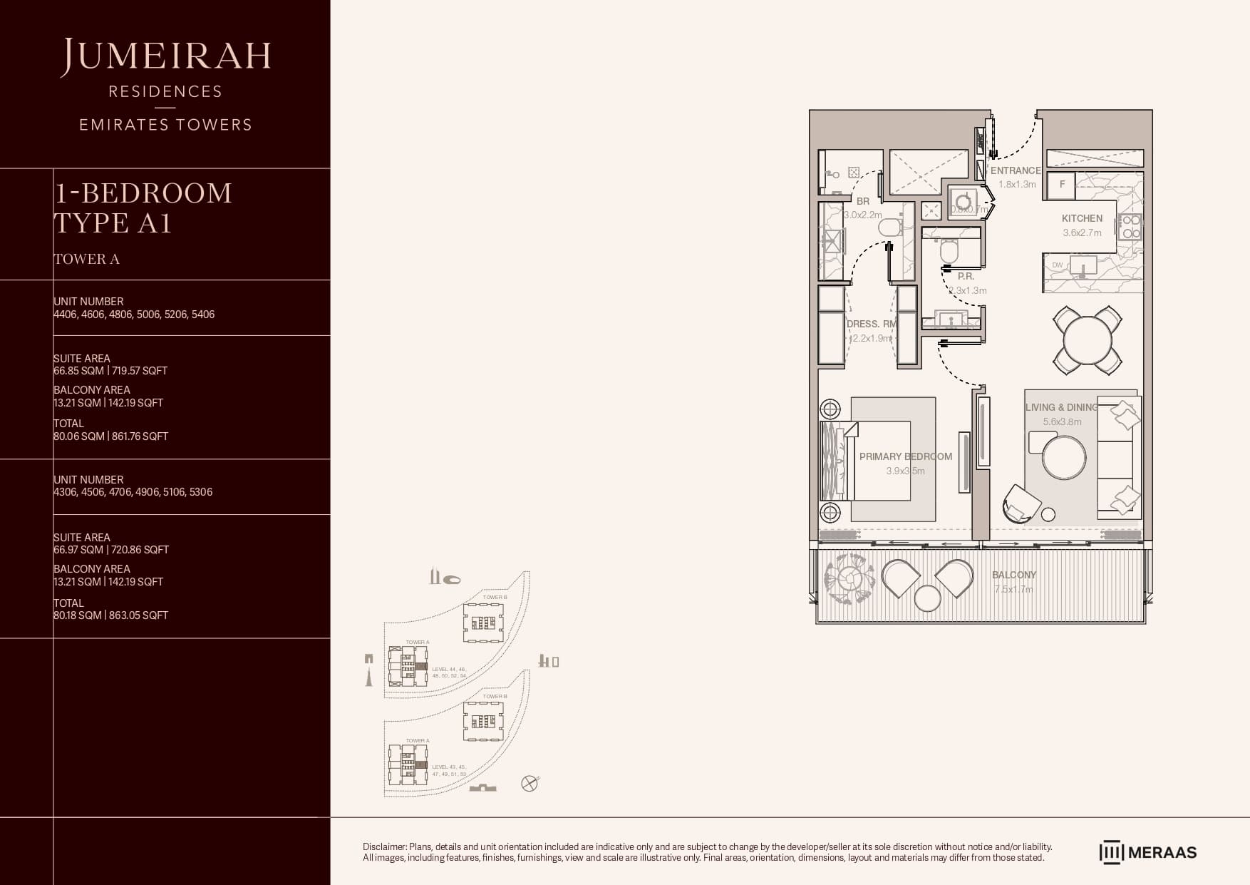 Jumeirah Residences Emirates Towers - Tower A, 1-Bed Floor Plan, type: 1 Bed