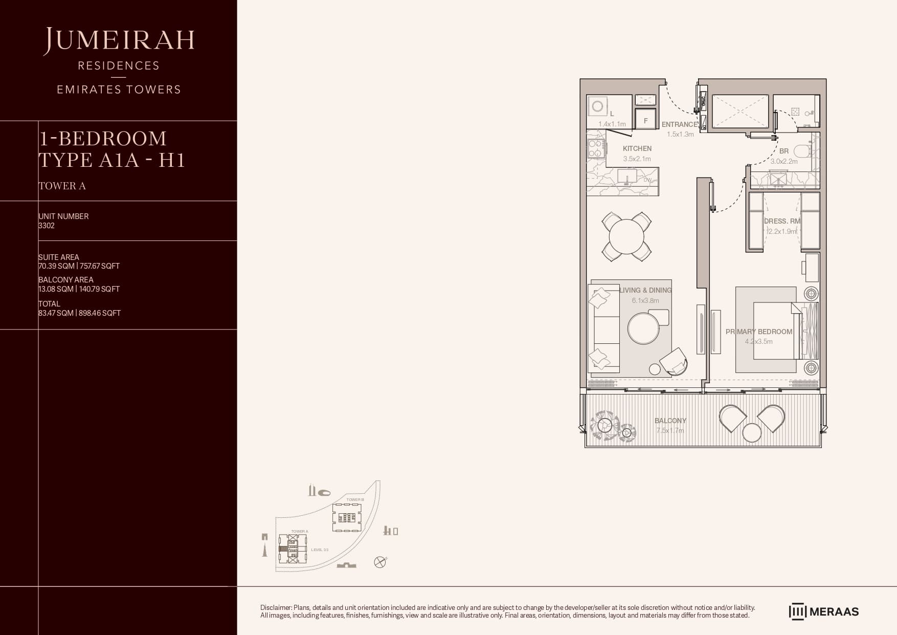 Jumeirah Residences Emirates Towers - Tower A, 1-Bed Floor Plan, type: 1 Bed