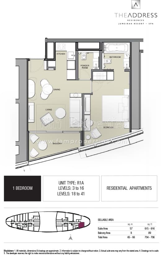 Address JBR, 1-Bed Floor Plan, type: 1 BD - R1A