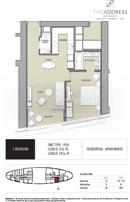 Address JBR, 1-Bed Floor Plan, type: 1 BD - R1B