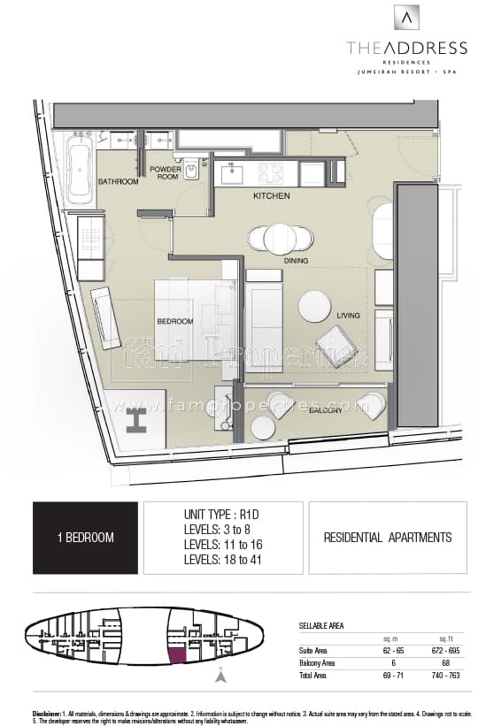 Address JBR, 1-Bed Floor Plan, type: 1 BD - R1D
